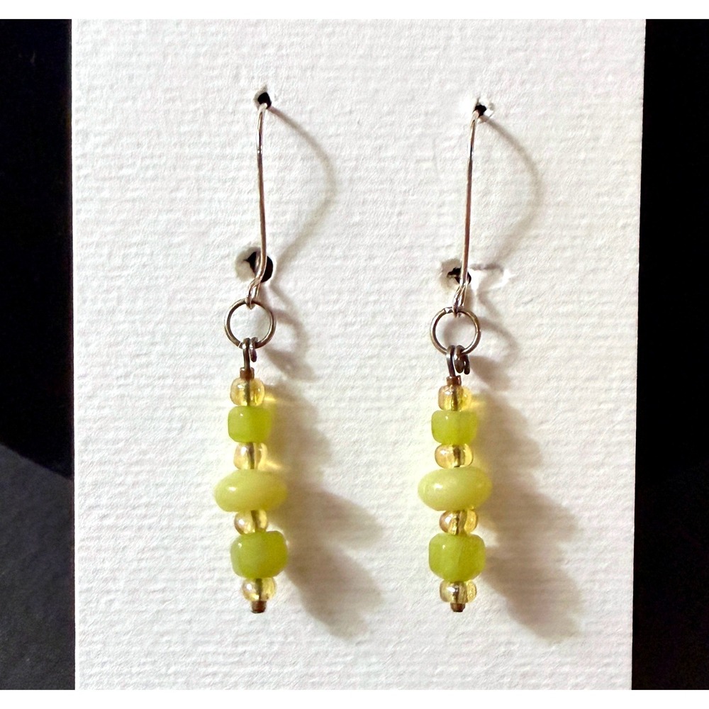 Chartreuse Green Stone Beaded Drop Earrings Silver Tone Stephanie‎ Aune Artist